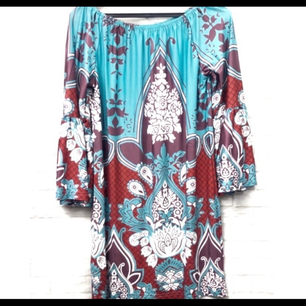Boutique Paisley Bell Sleeves Tunic Dress Blue XL